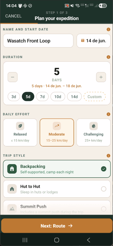 Step 1: Plan your expedition — name, duration, effort, trip style