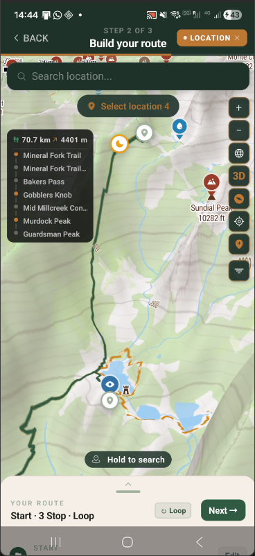Step 2 map in 3D terrain mode showing the Wasatch ridgeline