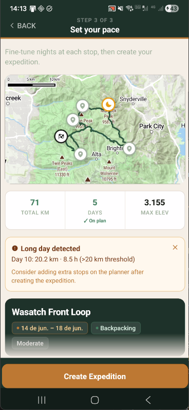 Step 3 route summary with stats and long-day warning
