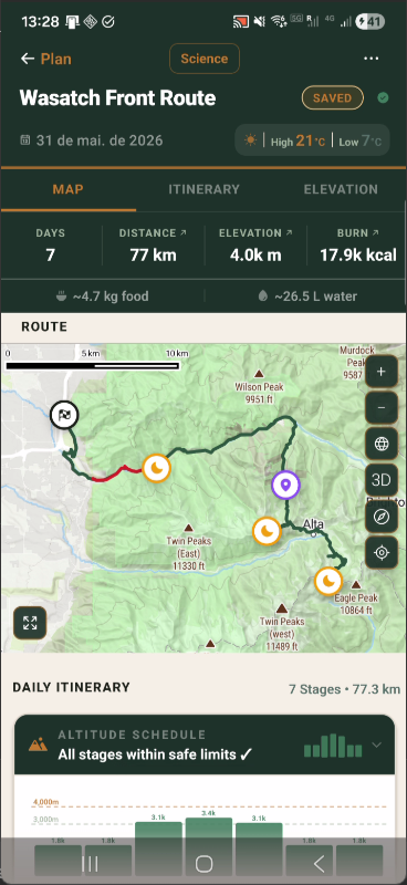 Planner map tab showing the computed expedition route with stats